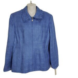 Alfred Dunner Women Blazer Jacket Size 12 Tweed Full Zip Front Lined Fringe Blue